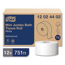 Tork Advanced Mini‑Jumbo Roll Bath Tissue, Septic Safe, 2‑Ply, White, 3.48" x 751 ft, 12 Rolls/Carton