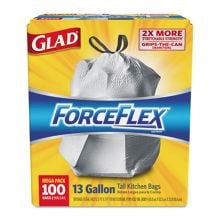 Glad® ForceFlex Tall Kitchen Drawstring Bags, 13 Gallon, 24" x25 1/8", 0.90 mil, White (100 PK)